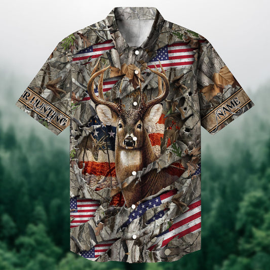 Maxcorners Deer Hunting US Flag Ripped Multicolored Personalized hawaiian shirtHU0113