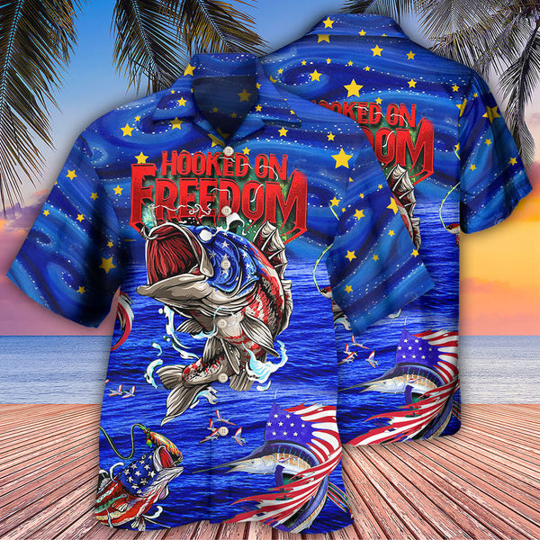 Maxcorners Fishing Hooked On Freedom Blue Night Hawaiian Shirt