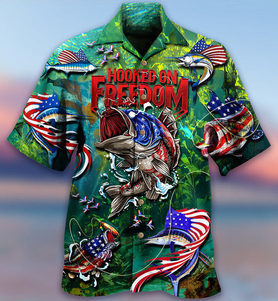 Maxcorners Fishing Hooked On Freedom America Hawaiian Shirt