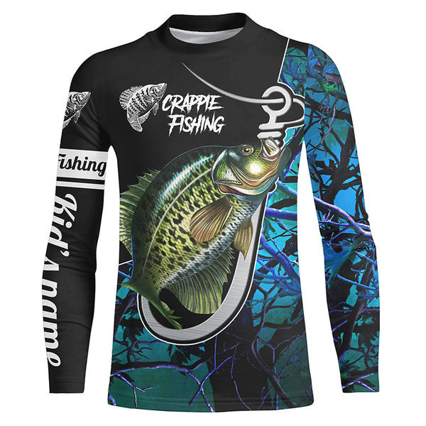 Maxcorners Custom Name Crappie Fishing Fish Hook Teal Blue Camo Long Sleeve Fishing 3D Shirts