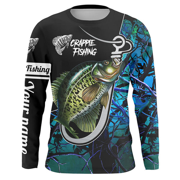 Maxcorners Custom Name Crappie Fishing Fish Hook Teal Blue Camo Long Sleeve Fishing 3D Shirts