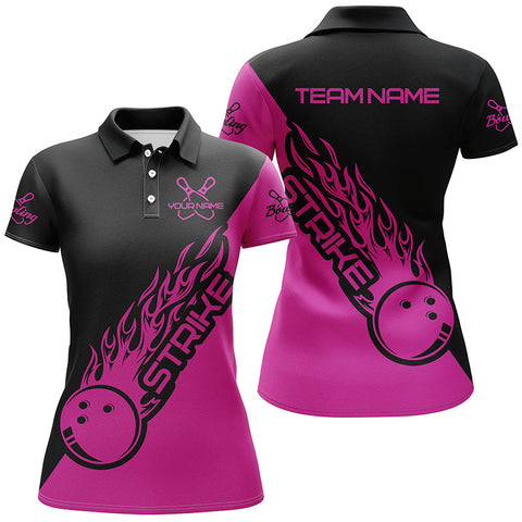 Maxcorners Pink And Black Bowling Strike Customized Name All Over Printed Shirt For Women