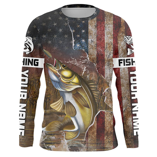 Maxcorners Personalized American Flag Walleye Fishing Shirts