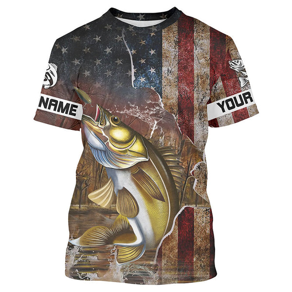 Maxcorners Personalized American Flag Walleye Fishing Shirts
