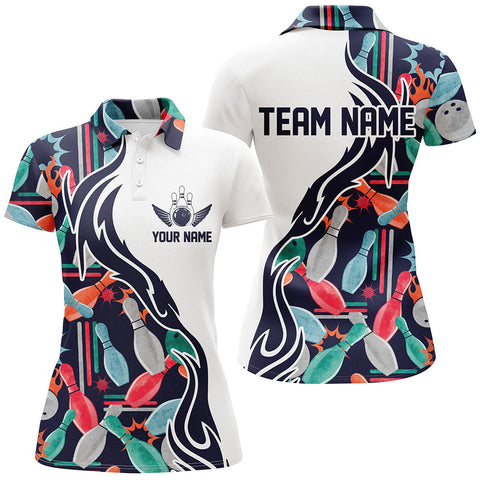 Maxcorners Dark Blue Bowling Ball And Pins Pattern Premium Customized Name 3D Shirt For Women