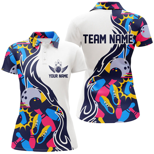 Maxcorners Multicolor Bowling Ball And Pins Pattern Premium Customized Name 3D Shirt For Women