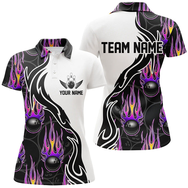 Maxcorners Purple Flame Bowling Ball Pattern Premium Customized Name 3D Shirt For Women