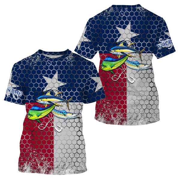 Maxcorners Yellowfin Tuna, Wahoo, Mahi Mahi Texas Flag Customize Name 3D Shirts