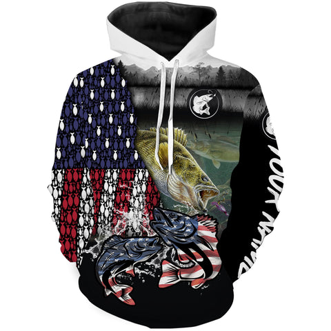 Max Corners Walleye fishing American flag Pattern Custom Name 3D Hoodie