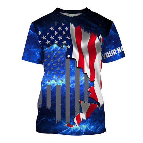 American Flag Universe Patriotic Blue Customize Name Unisex Fishing Shirt