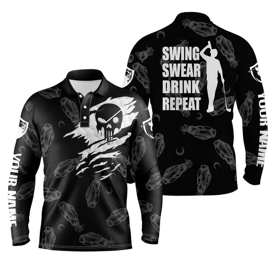 Max Corner Mens golf polo shirt swing swear drink repeat custom name black golf clubs pattern shirt