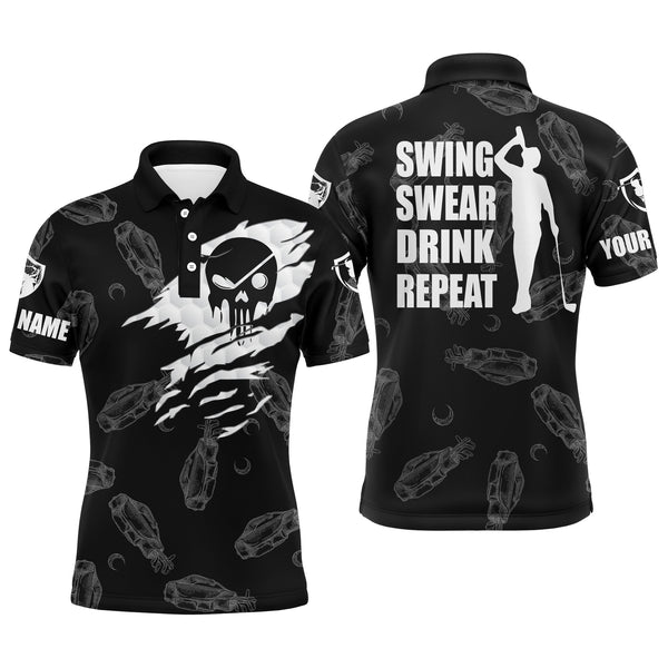 Max Corner Mens golf polo shirt swing swear drink repeat custom name black golf clubs pattern shirt