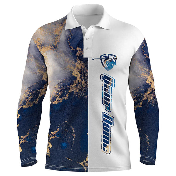 Max Corner Mens golf polo shirt blue pattern custom name blue white golf shirt, Golfer gifts