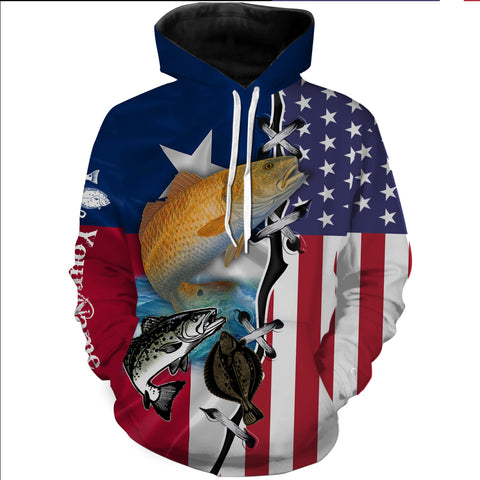 Max Corners Inshore Grand Slam Redfish, Speckled Trout, Flounder Texas American flag patriotic Customize name 3D Hoodie