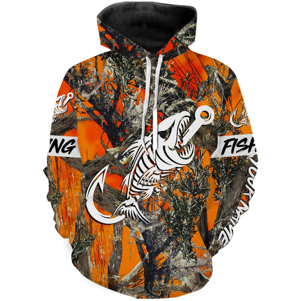 Max Corners Orange Camo fishing shirt Fish hook skull Custom name performance fishing Hoodie