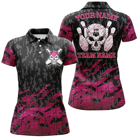 Maxcorners Pink Bowling Skeleton Customized Name All Over Printed Shirt For Women