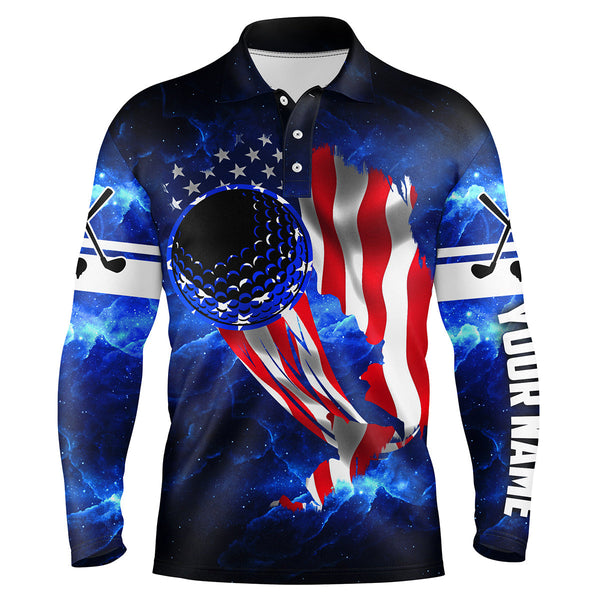 Max Corner Mens patriot golf polos Golf ball blue galaxy universe American flag, custom gifts for golf lovers