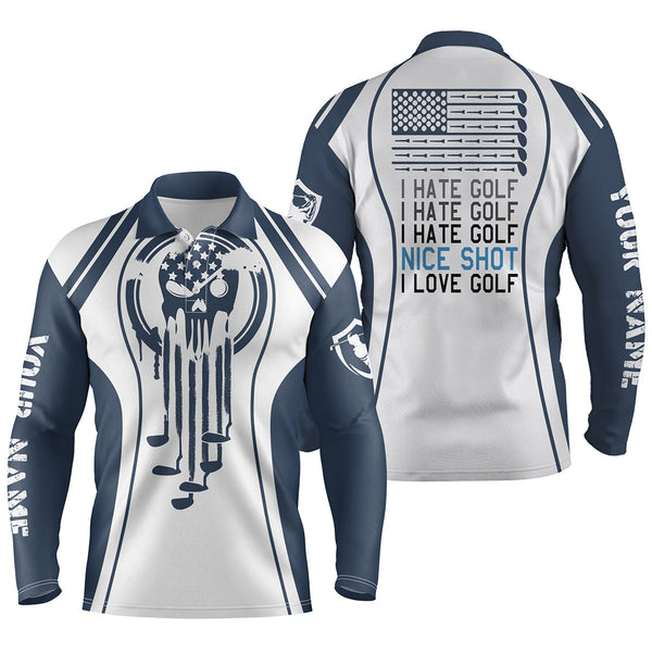 Max Corner Men golf polo shirts blue golf skull I hate golf nice shot I love golf custom white golf polo shirts