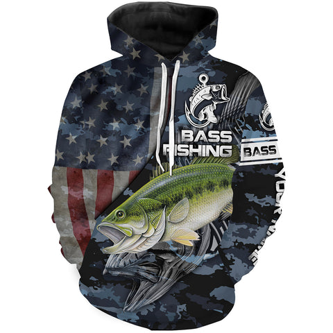 Max Corners Largemouth Bass fishing American flag blue camo fishing jerseys Customize name 3D Hoodie