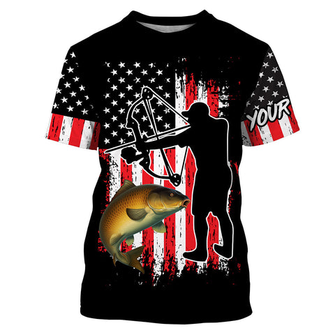 Carp Fishing Bow Fishing American Flag Patriotic Custom Name 3D Shirts, Bow Fishing Tournament Shirts