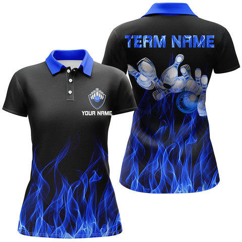 Maxcorners Blue Flame Pattern Black Bowling Premium Customized Name 3D Shirt For Women