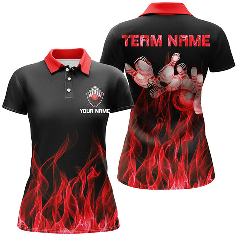 Maxcorners Red Flame Pattern Black Bowling Premium Customized Name 3D Shirt For Women