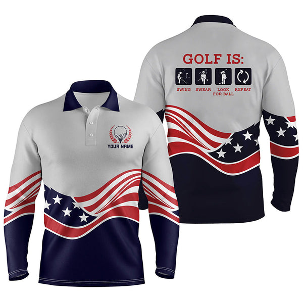 Max Corner Funny Mens golf polos shirts custom name American flag golf is swing swear look for ball repeat