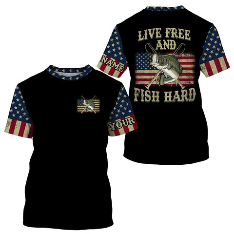 "Live Free And Fish Hard" American Flag Bass Fishing Customize Name Unisex Fishing Shirt