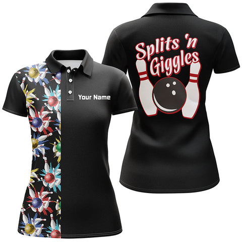 Maxcorners Splits 'n Giggles Black Bowling Ball Premium Customized Name 3D Shirt For Women