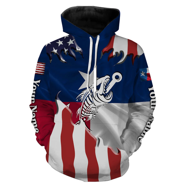 Max Corners Texas American flag Fishing fish hook skull Custom name 3D Hoodie