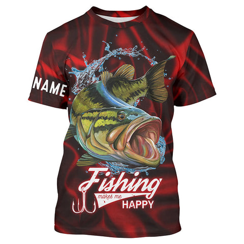Bass Fishing Makes Me Happy Red Lighting Customize Name Unisex Fishing Shirt