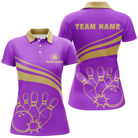 Maxcorners Purple And Gold Bowling Ball And Pins Pattern Premium Customized Name 3D Shirt For Women