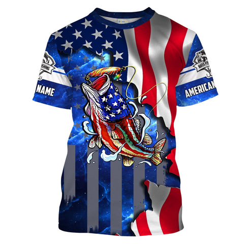 Bass Fishing American Flag Patriotic Customize Name Unisex Fishing Shirt