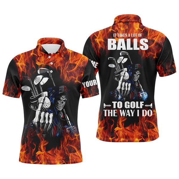 Max Corner Mens golf polo shirts custom name flame golf skull it takes a lot of ballsto golf the way I do
