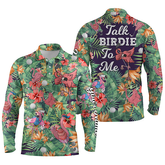 Max Corner Funny Mens golf polo shirt custom green tropical flower flamingo golf shirts talk birdie to me