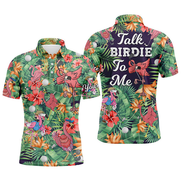 Max Corner Funny Mens golf polo shirt custom green tropical flower flamingo golf shirts talk birdie to me