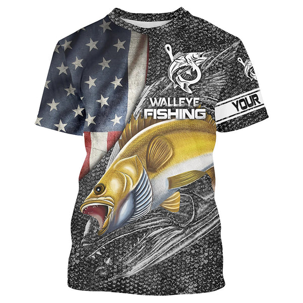 Maxcorners Custome Name 3D Shirts Walleye Fishing American Flag