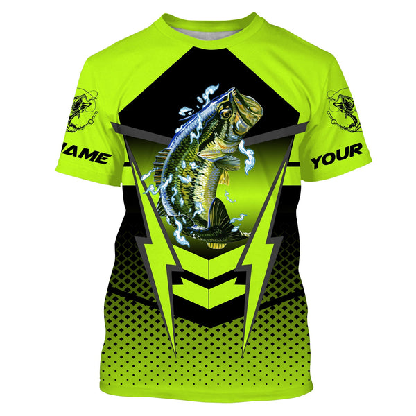 Largemouth Bass Fishing Green Shirt Custom Name Performance Fishing Shirt