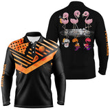 Max Corner Funny black mens golf polo shirts orange American flag custom name Halloween Flamingo golf friends