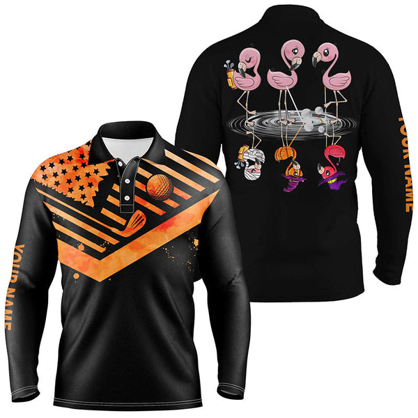 Max Corner Funny black mens golf polo shirts orange American flag custom name Halloween Flamingo golf friends