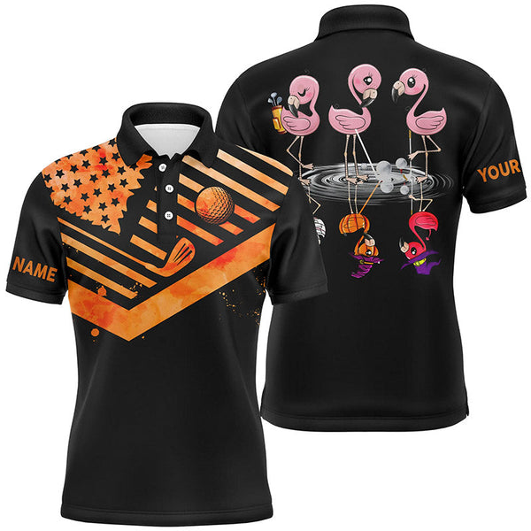 Max Corner Funny black mens golf polo shirts orange American flag custom name Halloween Flamingo golf friends