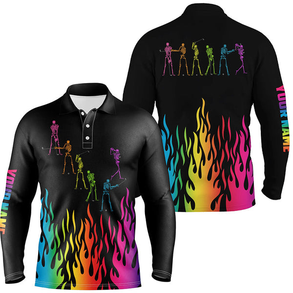 Max Corner Rainbow flame golf skeleton custom black Mens golf polo shirts
