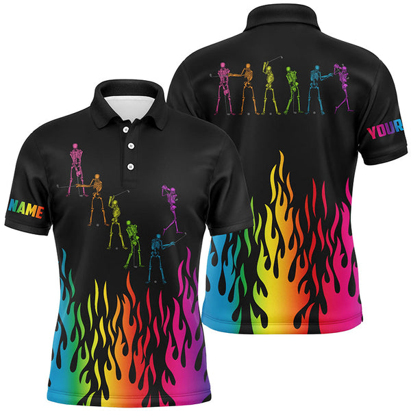 Max Corner Rainbow flame golf skeleton custom black Mens golf polo shirts