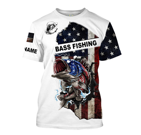 American Flag Largemouth Bass Patriotic Fishing Customize Name Unisex Fishing Shirt