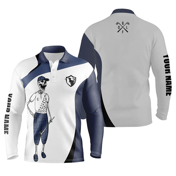 Max Corner Blue and white Mens golf polos shirts custom name funny golf skull golf shirt, golfing gift for him