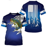 Largemouth Bass Fishing American Flag Patriotic Blue Color Custom Name 3D Shirt