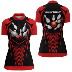 Maxcorners Red And Black Bowling Ball And Pins Customized Name All Over Printed Shirt For Women