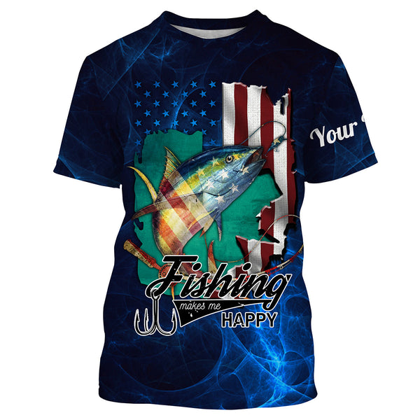 Fishing Makes Me Happy American Flag Yellowfin Tuna Fishing Custom Name Shirt
