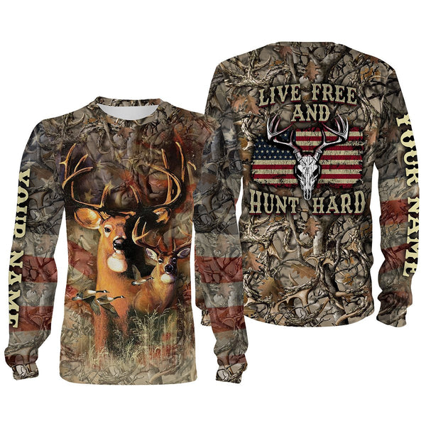 Max Corner "Live Free and Hunt Hard" American Flag Custom Name 3D All over print Shirts Gift For Hunter