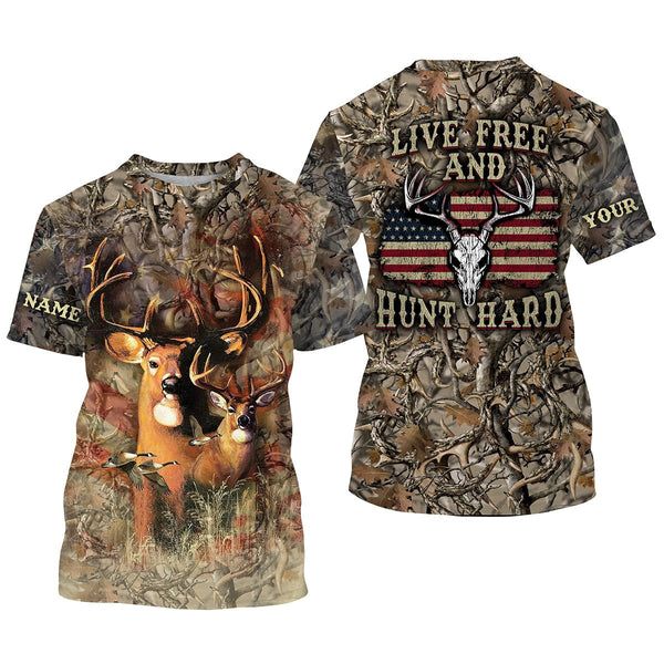 Max Corner "Live Free and Hunt Hard" American Flag Custom Name 3D All over print Shirts Gift For Hunter